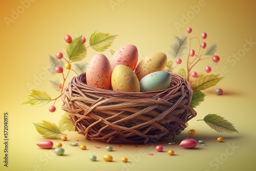 Yellow and red easter eggs in wicker nest created with Generative AI technology