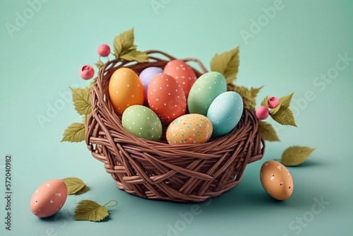 Patel colored easter eggs with white dots in wicker nest created with Generative AI technology