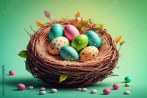 Colorful easter eggs in the nest on green backgroundcreated with Generative AI technology