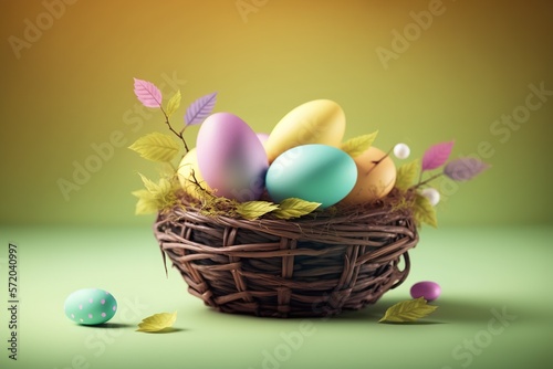 Pastel colored easter eggs in basket on yellow background created with Generative AI technology