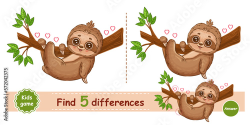 Cute lazy sloth rest hanging on tree branch, find 5 difference puzzle education children game. Funny slow tropical exotic animal character. Compare picture. Kid preschool learning logical task vector