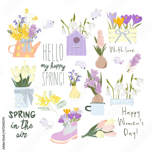 Cartoon Set with Fresh Spring Flowers Bouquets and Birds