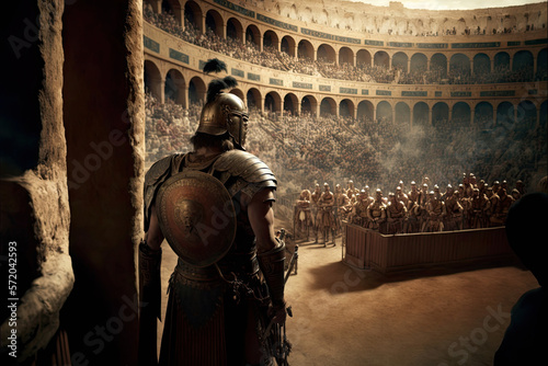 A nostalgic image of a day in the Roman Empire, gladiators in the colosseum, AI Generative