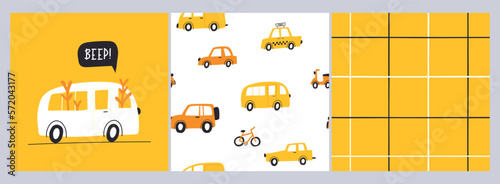 Set of seamless childish pattern with hand drawn cartoon cars. Creative kids abstract texture for fabric, wrapping, textile, wallpaper, apparel. Vector illustration
