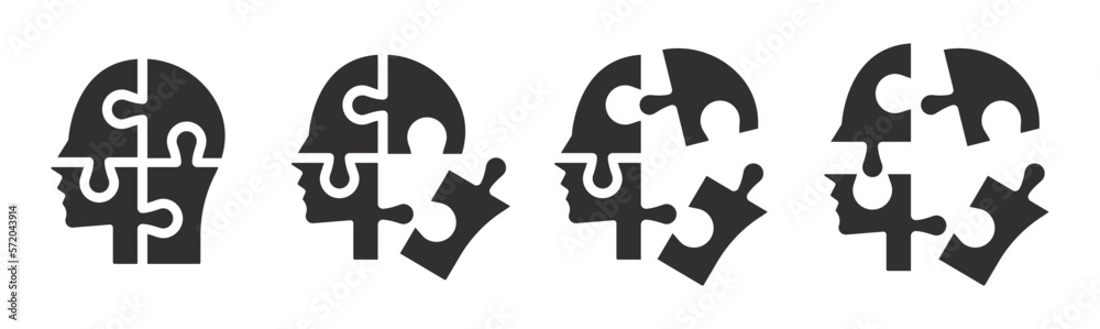 Set of human heads with puzzles icons. Puzzle human face, mental health, logical thinking, idea, business, business project. Vector. Set of human heads with puzzles icons. Puzzle human face, mental health, logical thinking, idea, business, business project. Vector.