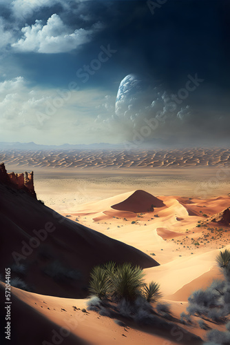 A breathtaking landscape featuring a panoramic view of a rugged desert landscape with towering sand dunes and a vast sky that stretches as far as the eye can see