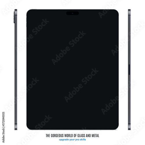 new frameless tablet grey color with black touch screen saver front and side view isolated on white background. mockup of realistic and detailed device with shadow. vector illustration