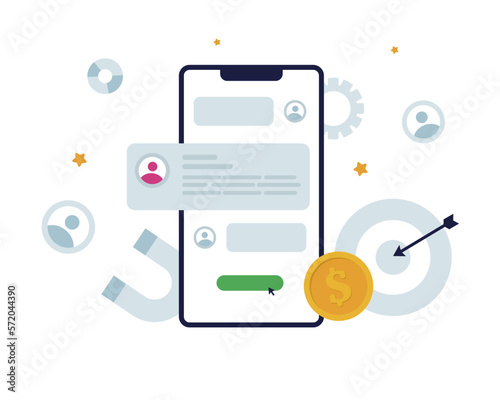 The concept of a caliper, an expert on phone calls to create potential customers or sales. Dialog on the smartphone screen of the customer and the salesperson.