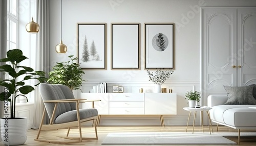 3 mock up poster frames  ina  modern interior background living room. White wall and gray modern chair with plants. Generative AI © Mockup Station