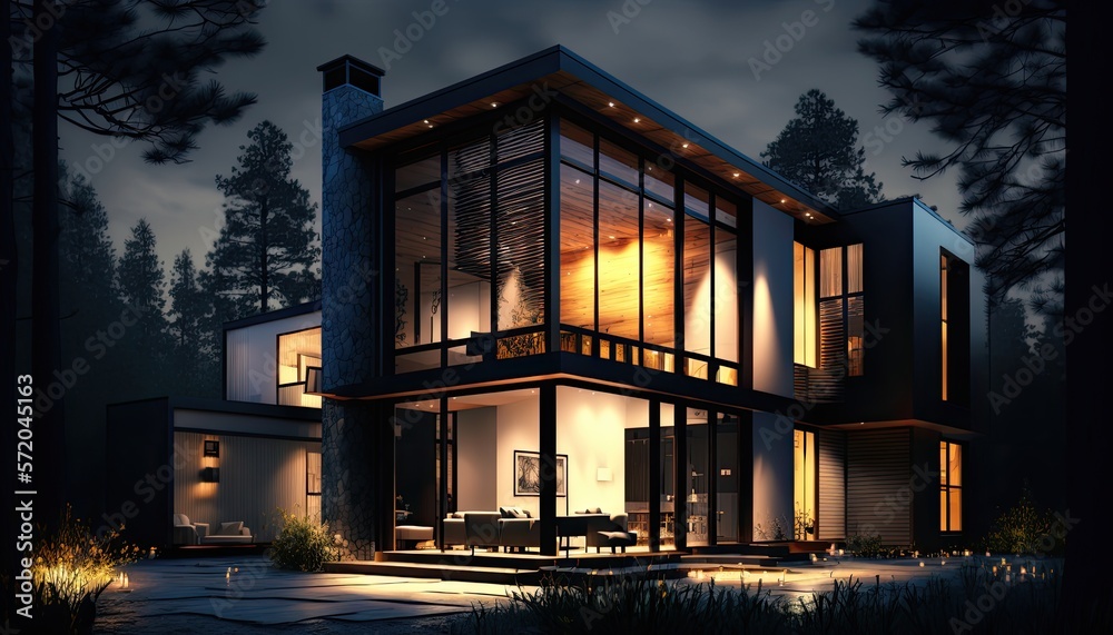 Obraz premium Modern house exterior. Night. Evening lighting. Forrest background. Generative AI