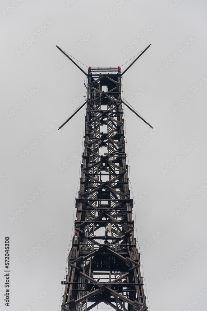The wodden antenna tower od the Radio Station from the middle od the 1930s. Transmission tower (one od the highest wooden construction on the world). Close-up of the structure