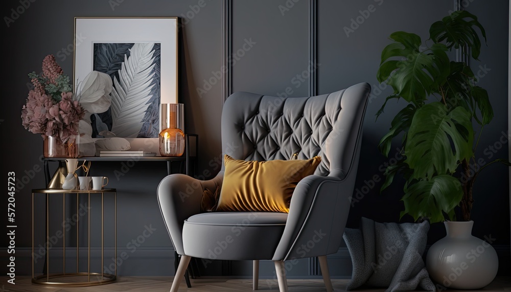 Stylish interior of living room with design grey armchair generative ai Stylish interior of living room with design grey armchair generative ai