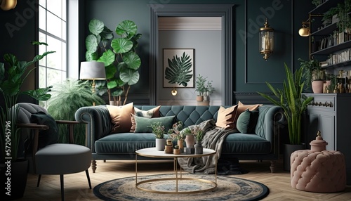 Tylish interior design of living room at cozy apartment with stylish sofa, plants, design furniture generative ai © Mockup Station