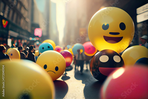 Giant emojis on the street, expressing emotions loose throughout the city. They interact with people. Illustration. Generative AI