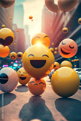 Giant emojis on the street, expressing emotions loose throughout the city. They interact with people. Illustration. Generative AI
