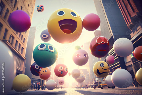 Giant emojis on the street, expressing emotions loose throughout the city. They interact with people. Illustration. Generative AI
