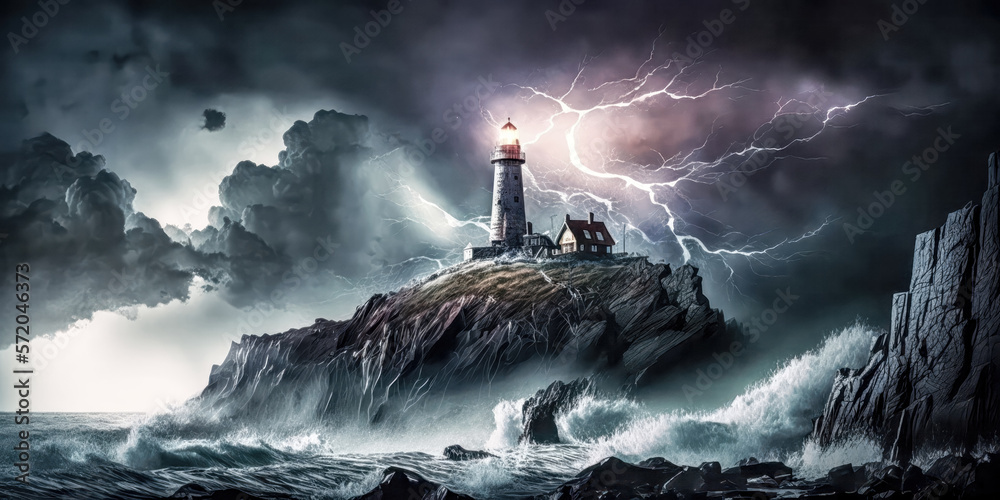 Leuchtturm bei Nacht im Sturm Surreal Digital Art Gemälde Generative AI Digital Kunst Illustration Background Banner 