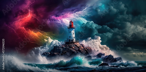 Leuchtturm bei Nacht im Sturm Surreal Digital Art Gemälde Generative AI Digital Kunst Illustration Background Banner  photo