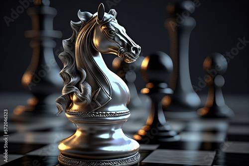 a white chess piece of a horse on a background of black chess pieces,  Generated AI photo