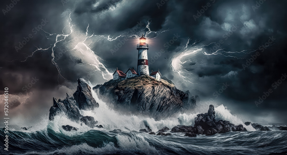 Fototapeta premium Leuchtturm bei Nacht im Sturm Surreal Digital Art Gemälde Generative AI Digital Kunst Illustration Background Banner 