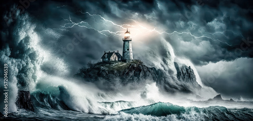 Leuchtturm bei Nacht im Sturm Surreal Digital Art Gem  lde Generative AI Digital Kunst Illustration Background Banner 