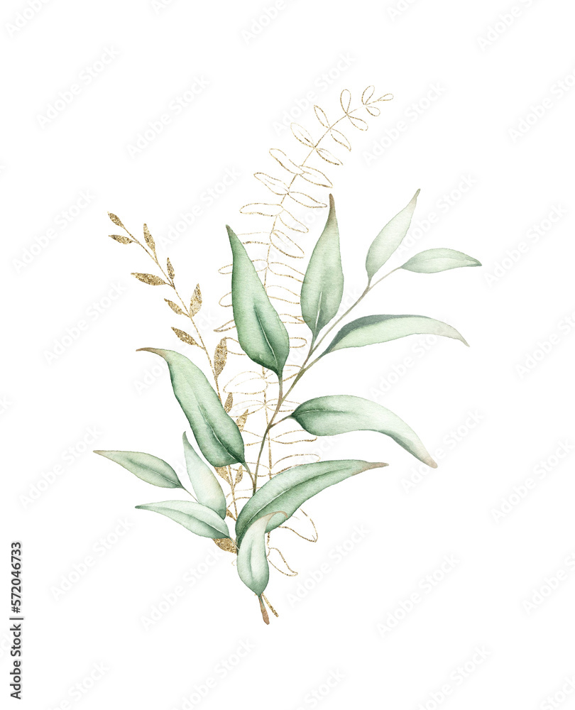 Naklejka premium Watercolor floral bouquet with green eucalyptus leaves.
