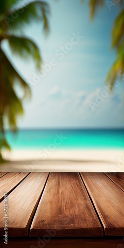 Empty Wooden table and blurred beach sand ocean nature background GENERATIVE AI