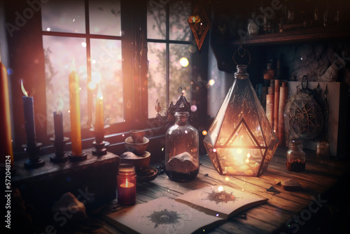 Witchcraft room, candle lantern, old vintage books, AI Generated background