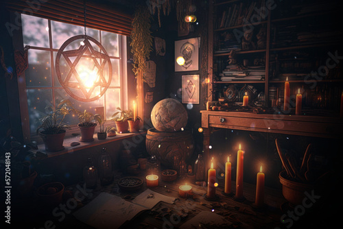 Mistery dreamcatcher  candle and moonlight   AI Generated background