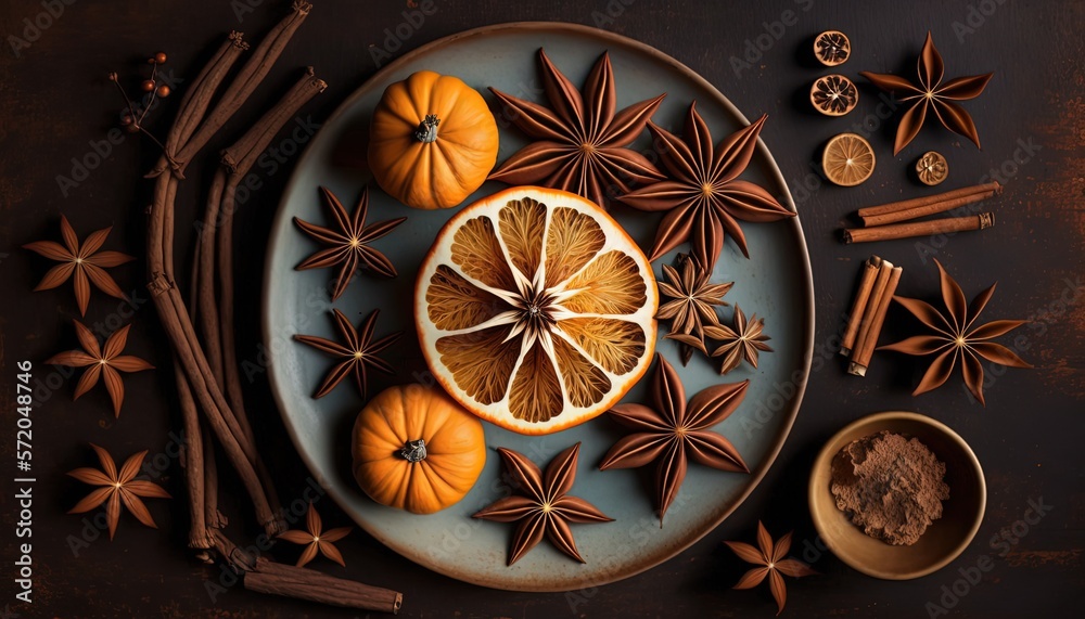 dry pumpkin with star anise on tray, Generative Ai