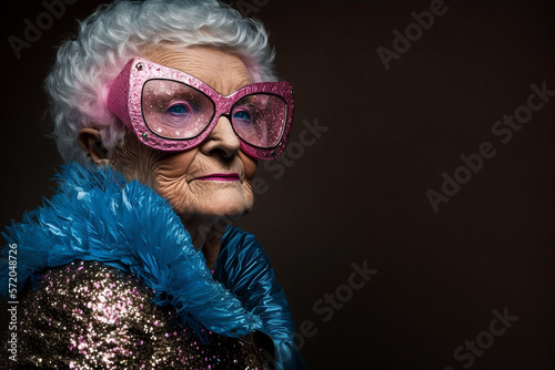  portrait of grandma celebrating Carnival festival with splash glittering rainbow papers background.generative ai.