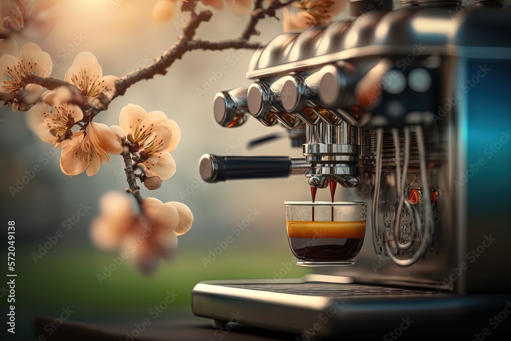 Artistic beautiful romance two cups of espresso coffee serve with cherry blossom flower branch, spring season and national spring festival theme drink, idea for background or wallpaper Artistic beautiful romance two cups of espresso coffee serve with cherry blossom flower branch, spring season and national spring festival theme drink, idea for background or wallpaper