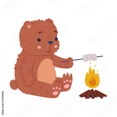 Cute baby bear sitting near bonfire and roasting marshmallow. Funny wild forest brown animal character cartoon vector illustration