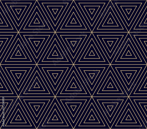 Vector geometric seamless pattern. Abstract golden linear ornament with triangles, grid. Simple minimalist texture. Modern stylish black and gold geometric background. Luxury repeat decorative design