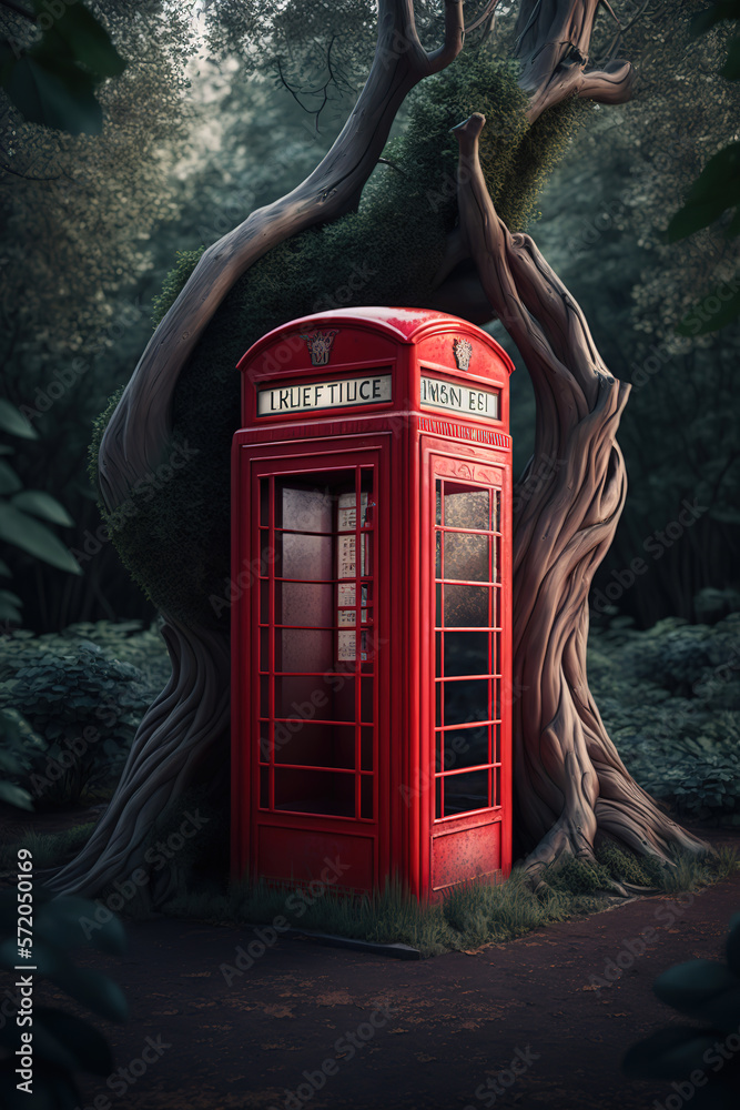 Obraz premium a red phone booth sitting in the middle of a forest, ai art illustration