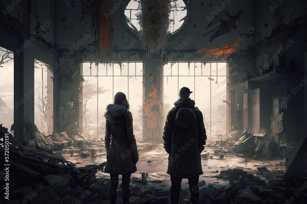 couple of people that are standing in a room, fantastic, dystopian art, apocalypse art, dark fantasy, art illustration couple of people that are standing in a room, fantastic, dystopian art, apocalypse art, dark fantasy, art illustration