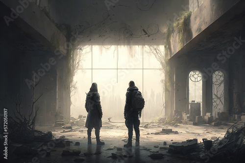 couple of people that are standing in a room, fantastic, dystopian art, apocalypse art, dark fantasy, art illustration 
