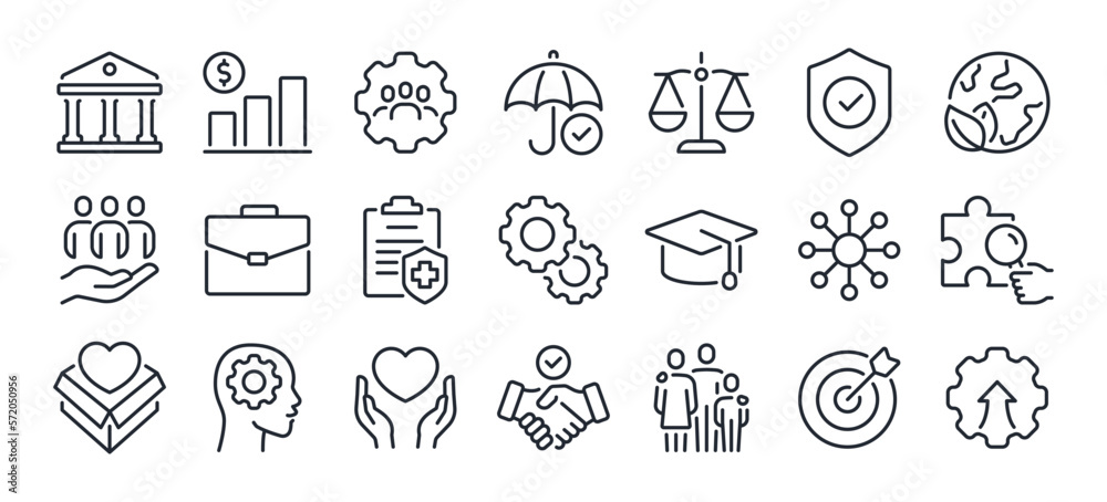 Social policy editable stroke outline icons set isolated on white background flat vector illustration. Pixel perfect. 64 x 64..