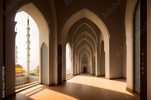 Islamic background painting. Mosque and shadows. Light rays from mosque window or door. Prayer s vision  generative ai. Muslim art.