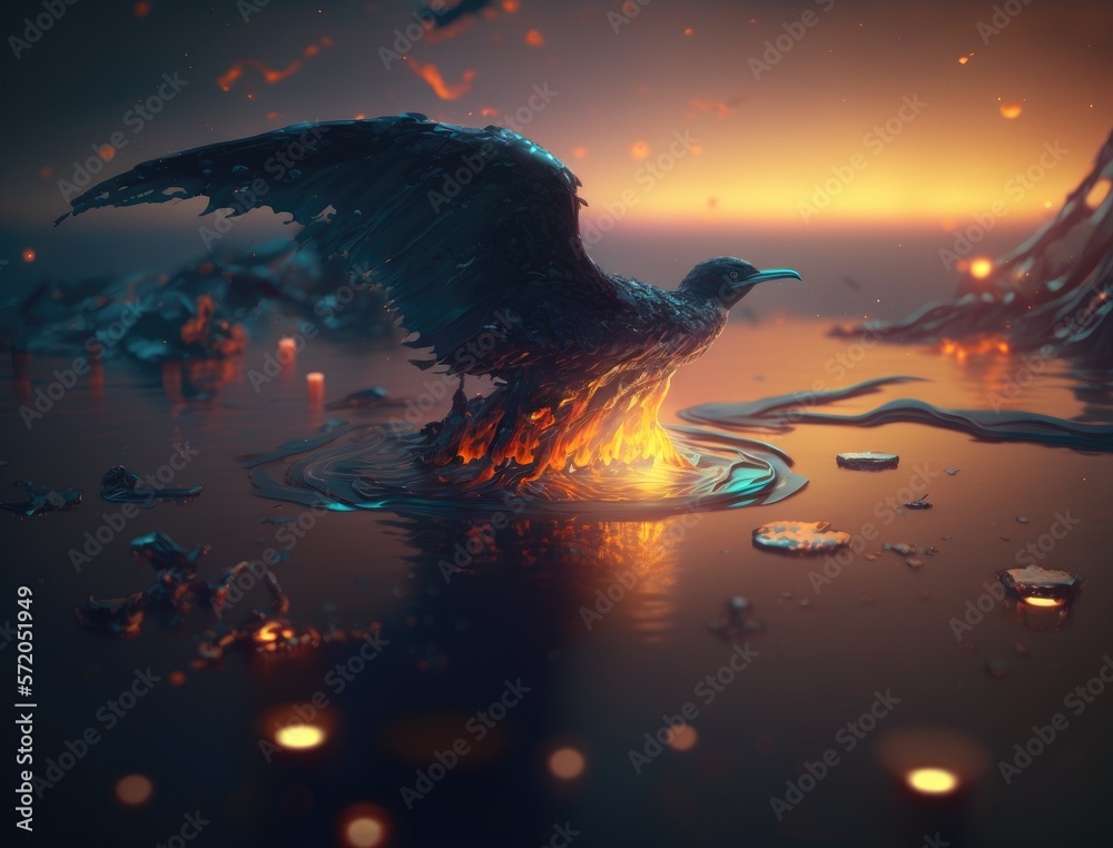 Bird stained with oil. Pollution of environment illustration. Oil spill