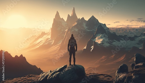 A person standing at the top of a mountain, overlooking a breathtaking landscape, sunny summer morning. Generative AI