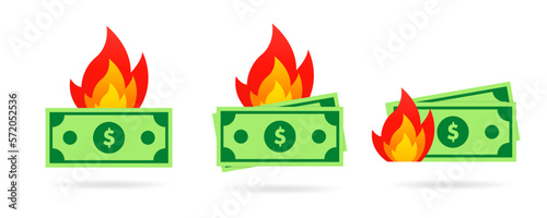 Set Inflation with dollar bills money on fire. Burning money, banknotes. Bankruptcy, financial crisis and inflation concept. Wasting money. Flat design element, cartoon style. Vector illustration