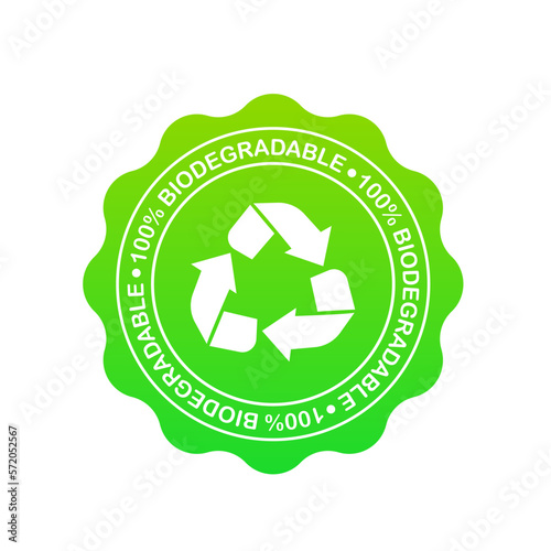 100% biodegradable 100% compostable icon, logo. Green leaves in a circle. Round biodegradable symbol. Natural recyclable packaging sign. Eco friendly product. Vector illustration