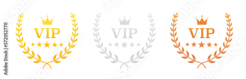 Set VIP badges in gold, silver and bronze color. Round label with three vip level. Crown and stars. One, Two, Three In A Realistic Gold Silver Bronze Laurel Wreath. Vector illustration