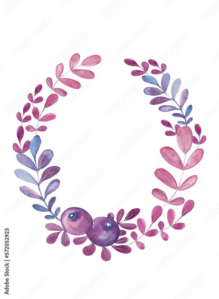 Autumn wreath of berries and leaves. Isolated watercolor illustration for your design. Ideal for logos, menus, labels, greetings, packaging, posters, websites, digital presentations