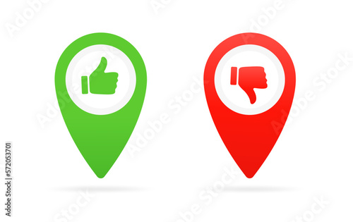 Point on the map with thumb up and down icon. Like pointer icons. Response. Likes and dislikes markers. Vector illustration