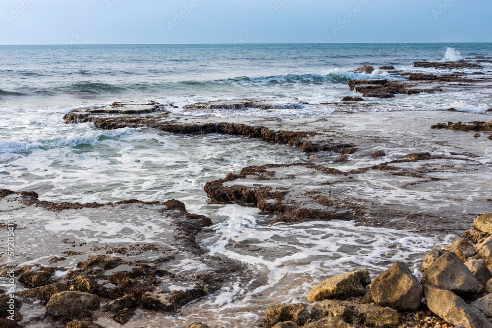 top view, dramatic seascape as background, gloomy sea and waves, coastline with seashells, wild landscape of late autumn, cloudy weather