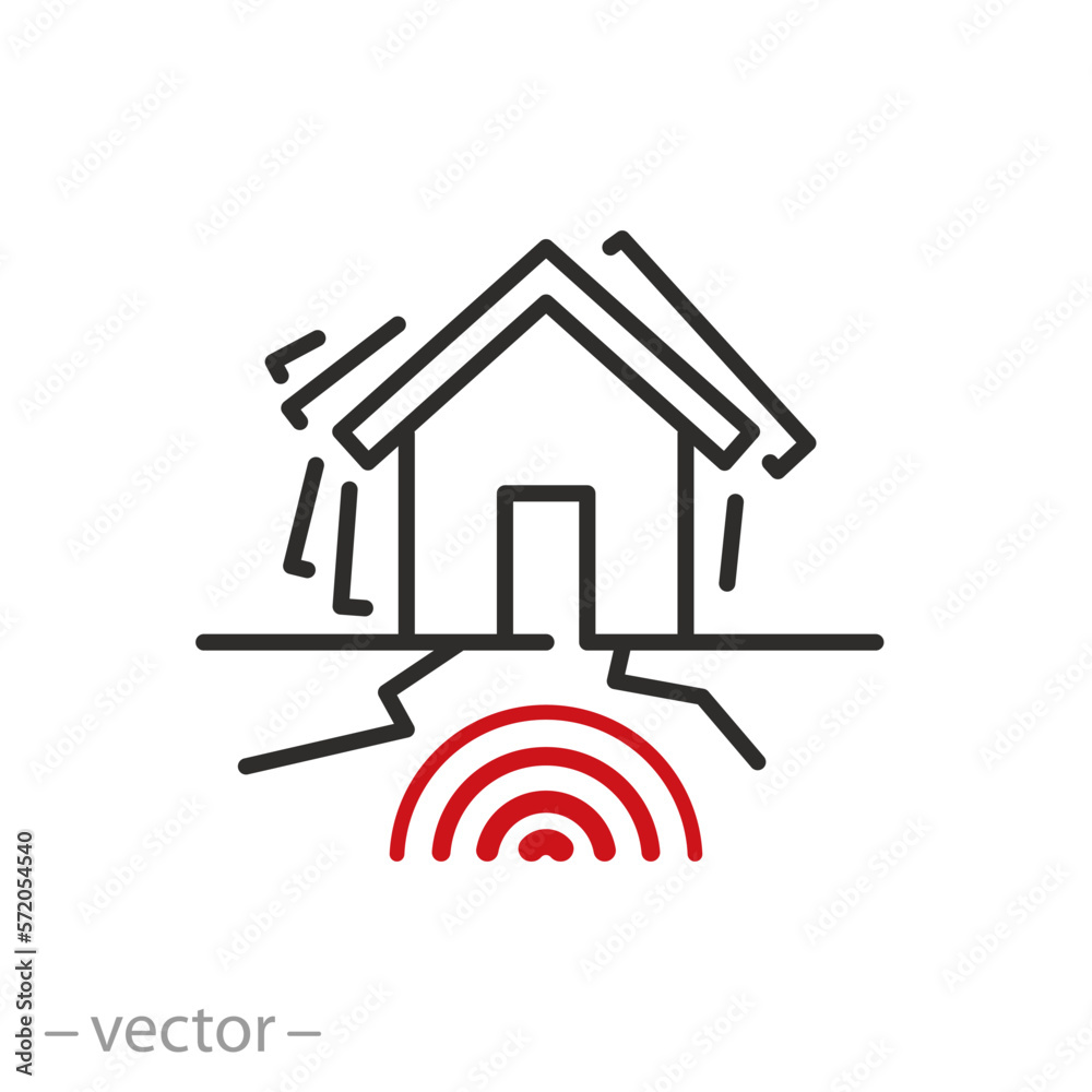 destroyed house from earthquake icon, destroyed building, crack in earth's crust, line symbol on white background - editable stroke vector illustration eps10 destroyed house from earthquake icon, destroyed building, crack in earth's crust, line symbol on white background - editable stroke vector illustration eps10