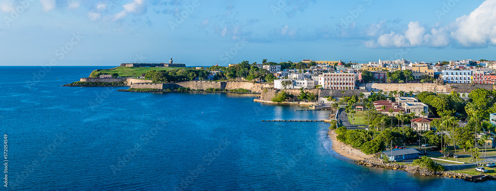 A panorama view across the harbour entrance in San Juan, Puerto Rico on a bright sunny day
