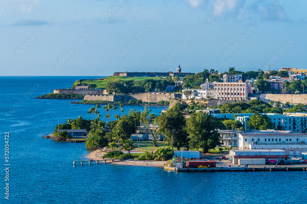 A view towards the harbour entrance in San Juan, Puerto Rico on a bright sunny day